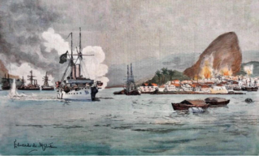 Encouraçado Aquidabã bombardeando a Urca (RJ) durante a Revolta da Armada em 1893
