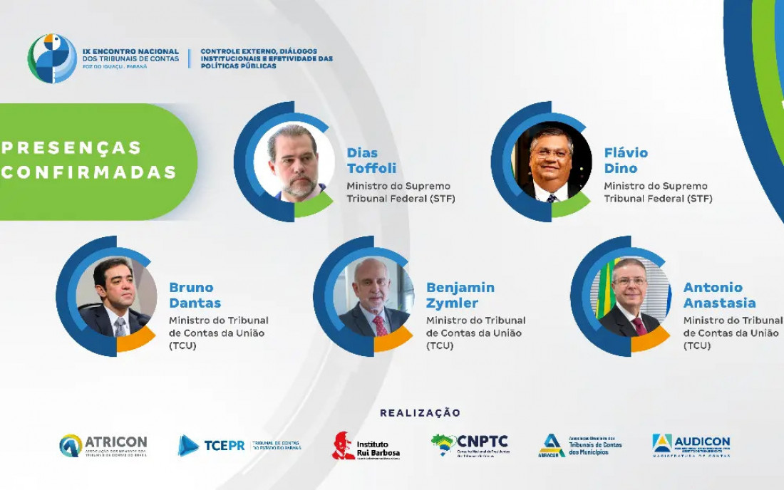 Os ministros do STF, Dias Toffoli e Flávio Dino, e os ministros do TCU, Bruno Dantas, Benjamin Zymler e Antonio Anastasia são palestrantes durante a A 9ª edição do Encontro Nacional dos Tribunais de Contas