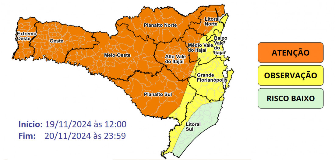 A Defesa Civil de Santa Catarina emitiu um aviso meteorológico alertando sobre condições climáticas adversas previstas entre terça (19/11) e sexta (22/11)