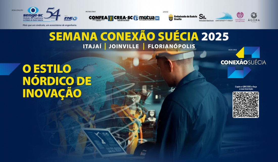 A Semana Conexão Suécia conta com o apoio da Embaixada da Suécia no Brasil, do CREA-SC e de diversas instituições parceiras brasileiras e suecas