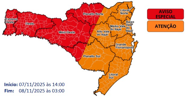 O risco é alto a muito alto para ocorrências associadas a destelhamentos, danos na rede elétrica, queda de galhos e árvores, alagamentos e enxurradas.