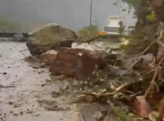 Rochas, terra e galhos bloquearam os dois sentidos da SC-390 ap&oacute;s as fortes chuvas em Bom Jardim da Serra. 