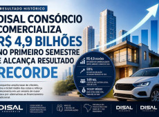 Arte gr&aacute;fica institucional da Disal Cons&oacute;rcio destaca os resultados recordes alcan&ccedil;ados pela companhia no primeiro semestre de 2026.